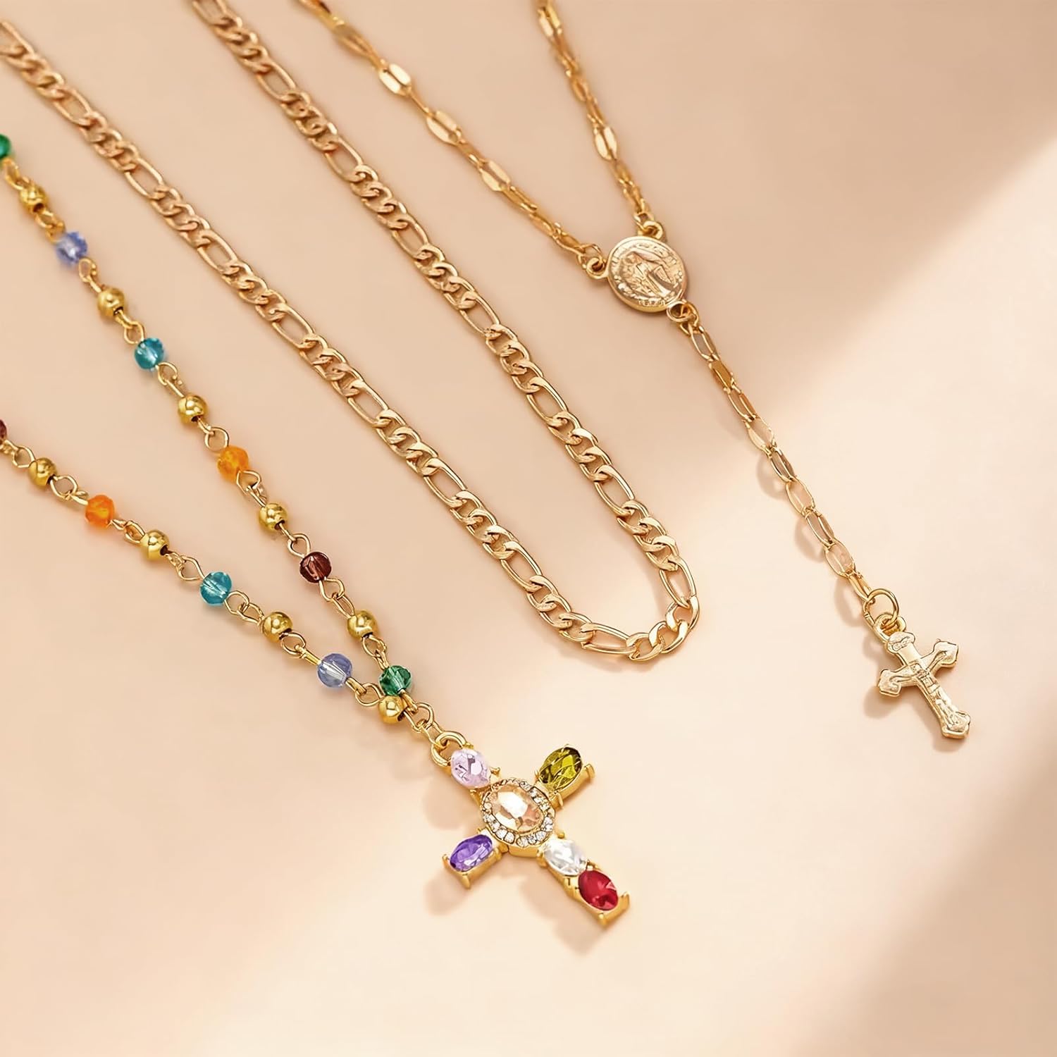 Layered Cross Necklace for Women Bohemian Bead Pearl Y Long Pendant Necklace Set Vintage Rosary Jewelry Christian Gifts for Women - Image 5