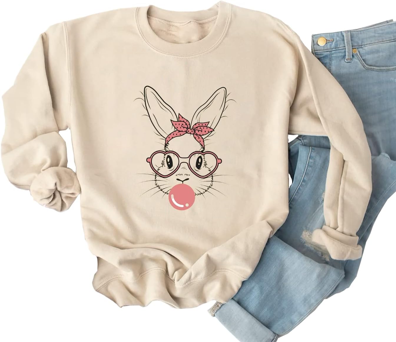 Ykomow Happy Easter Sweatshirt Women Long Sleeve Cute Bunny Rabbit Graphic Tees Pullover