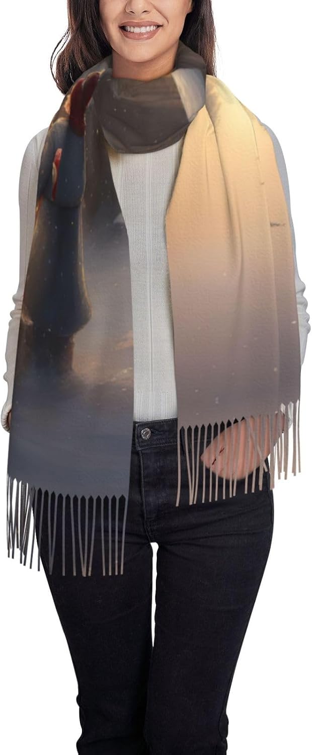 Elegant Merry Christmas Print Tassel Scarf, Warm Winter Accessory,77.6" X 28.3" Faux Cashmere Scarf