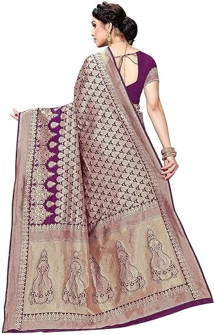 Women's Art Silk Saree with Blouse Material, Navy, Banarasi Kanjivaram Style, Floral and Paisley Zari Woven, Wedding Occasion, Free Size