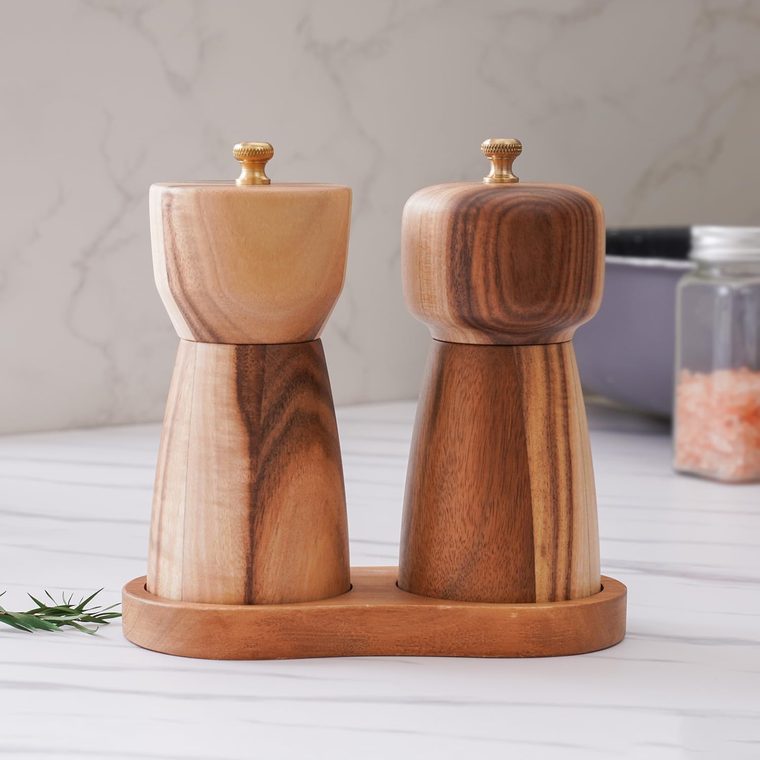 Salt and Pepper Grinder Set with Tray, Adjustable Ceramic Grinder Salt Mill, Stainless Steel Grinder Pepper Mill, Acacia Wood, 5 inch /14cm Height, Bottom Dia 2.36inch/6cm (Tray is Included)