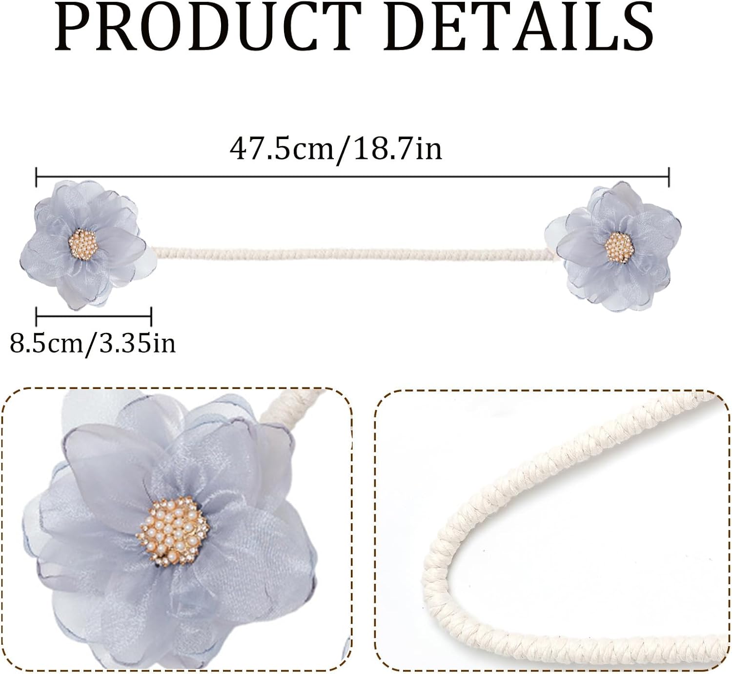 Handmade Curtains Tiebacks,Boho Flower Curtain tie Backs, Curtain Holder Tie Backs for Curtains Braided,Cute Flower Curtain Ties Decorative Rope for Bedroom Window Treatment (Grey)