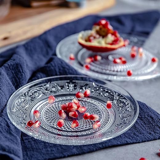 bellemax Plate Set of 4 pcs Bead Rim Decorative 6 inch Crystal Clear Glass Plate- Dry Fruits Sweets Chocolate Snack Plate ...