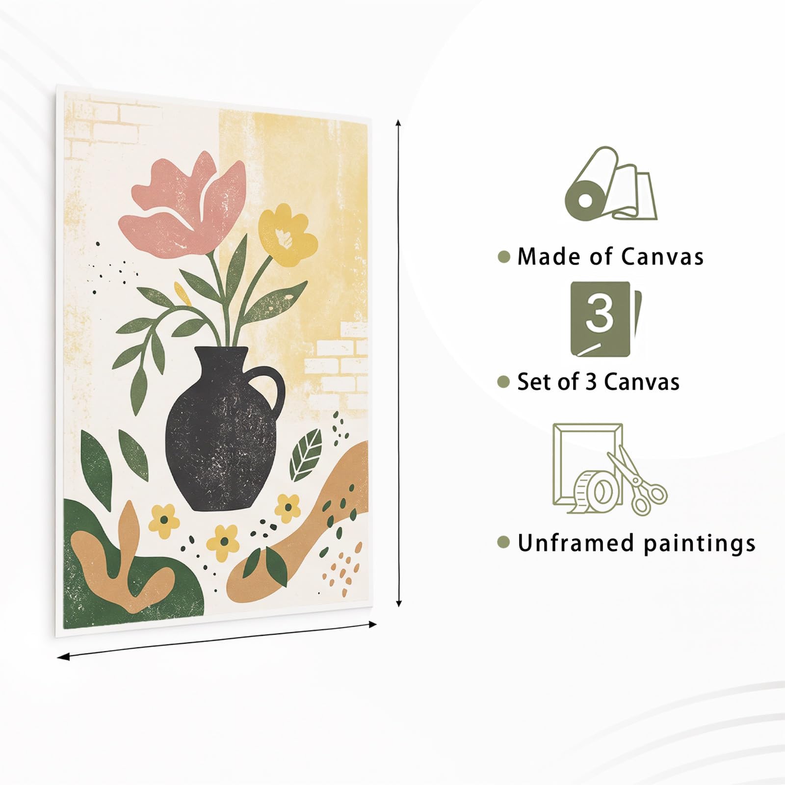 Generisch Juego de 3 pósteres abstractos bohemios, cuadros de pared botánicos floreros florales con hojas de sol, salón, dormitorio, comedor, arte de pared, sin marco, lienzo (40 x 60 cm)