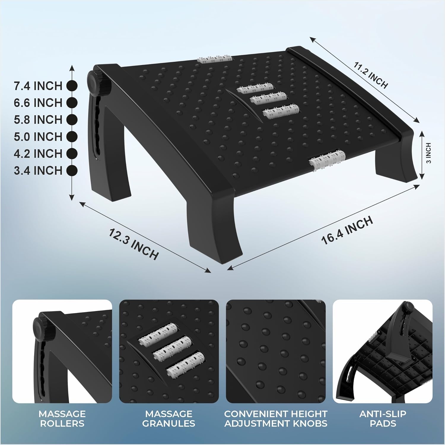 Pleasant 6 point adjustable underdask footrest with footage roller | 34.5 x 28 x 18 cm | Black