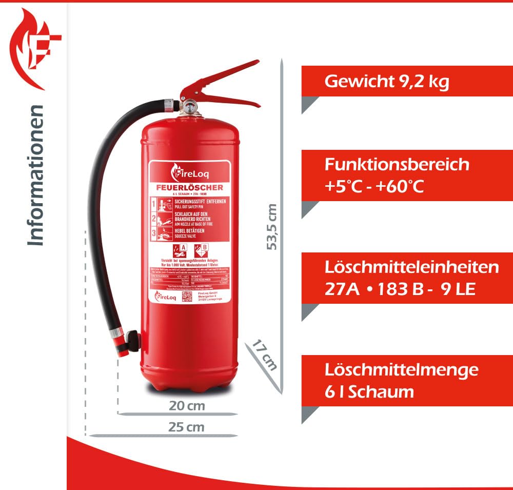 6L Schaum Feuerlöscher für Brandklasse AB mit 27A | 183B ergibt 9LE Dauerdruck inkl. Prüfnachweis,Wandhalter und Manometer