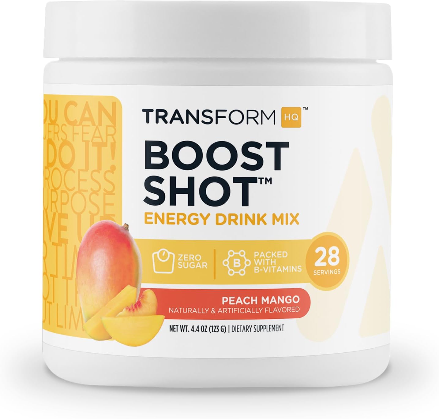 TransformHQ Energy & Focus Powder (Peach Mango) - Boost Shot Clean Energy Drink Mix - Sugar Free - Non-GMO, Gluten-Free - 28 Servings