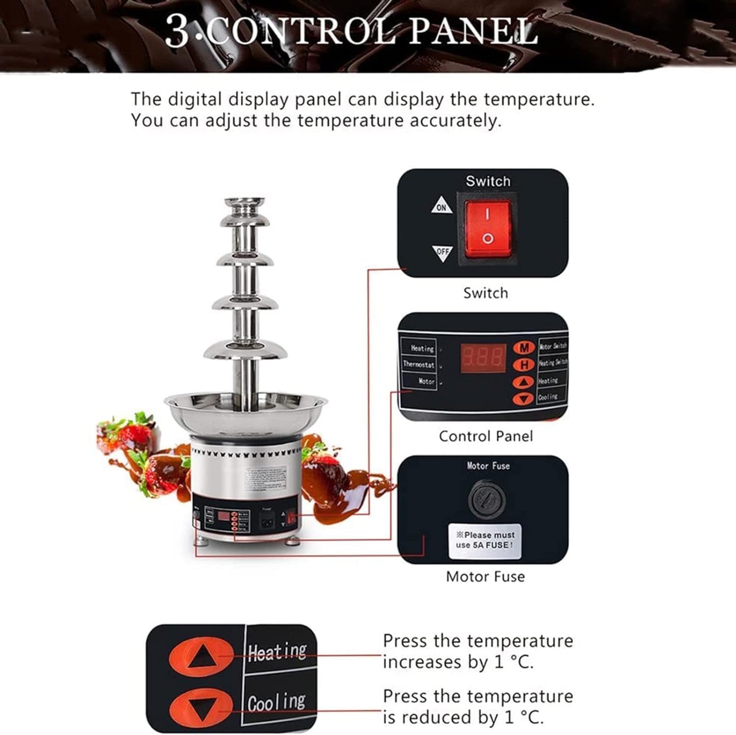Fondue Fondue z czekoladą, 5-poziomowa fontanna czekoladowa ze stali nierdzewnej, cyfrowy wyświetlacz komercyjna elektryczna fontanna czekoladowa, pojemność 4 kg, łatwa w montażu, na przyjęcie weselne