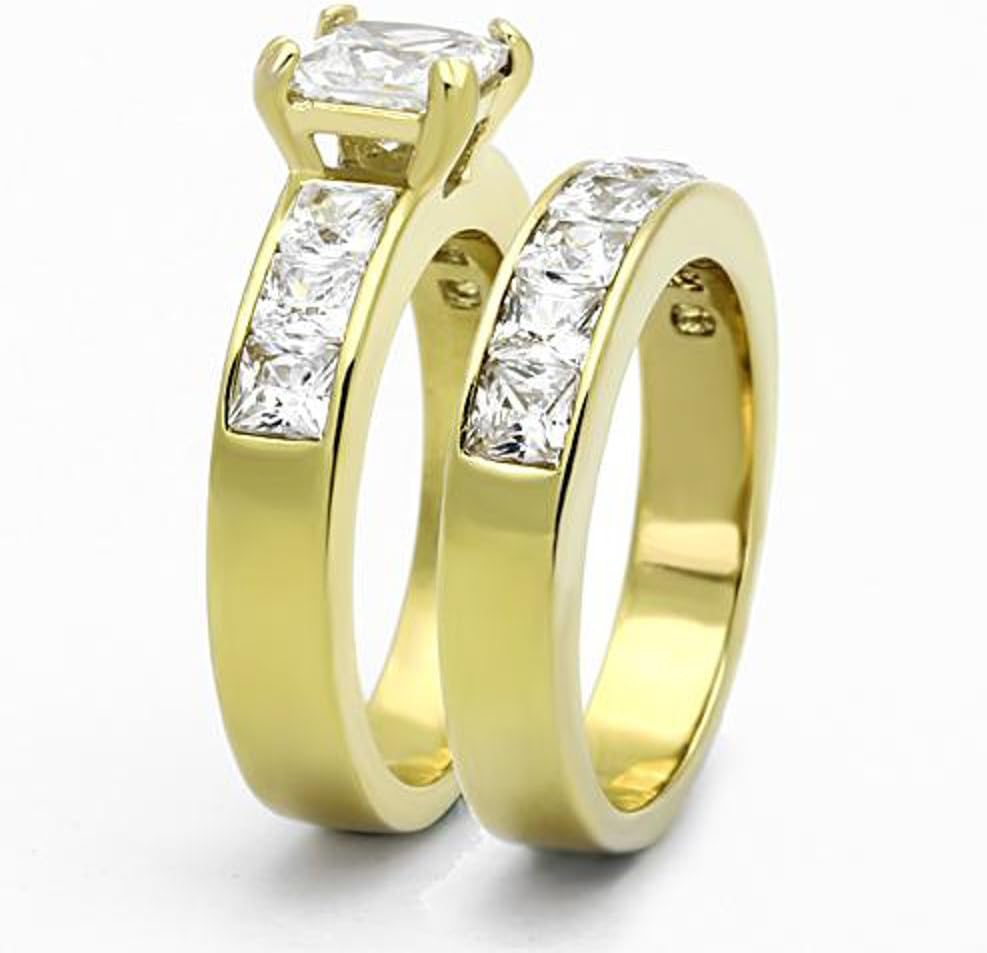 Marimor Jewelry His and Her 14K Gold Plated Stainless Steel 3 Piece Wedding Engagement Ring and Men's Band Set