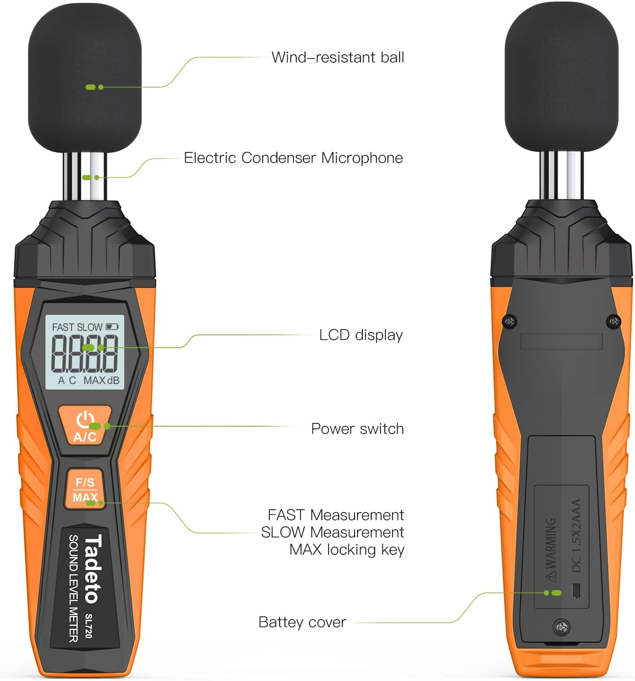 Front and back view of the Tadeto SL720 Sound Level Meter with labels for components like wind-resistant ball, electric condenser microphone, LCD display, power switch, F/S MAX key, and battery cover.