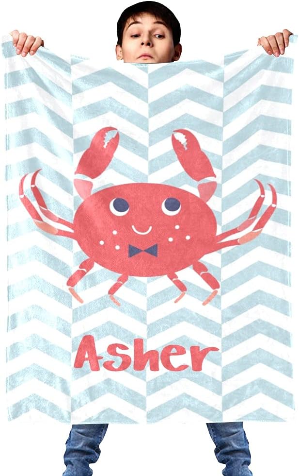 Crab Blue Chevron Personalized Receiving Baby Blankets for Girls Boys Kids with Name,Customized Swaddle Blankets Gift for Newborn Crib Infants 30x40 Inches