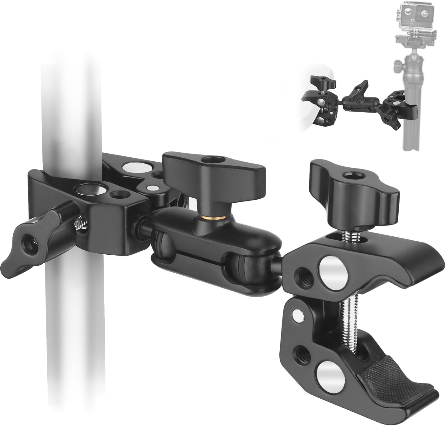 Double Super Clamp Camera Mount, Umbrella Holder Bracket with 360° Ballhead Magic Arm for Pole, Tripod Clamp Mount for Cross Bar, Light Stand, Strollers, Photo Boom Stand, Reflector, Chair