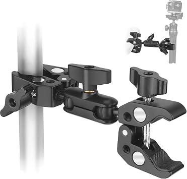 Double Super Clamp Camera Mount, Umbrella Holder w/ 360 Ballhead | Aluminum, silicone pads, grips 0.5-2.3" rods, flat 0-1.97", 1/4" thread, 3" arm, for bike, stroller, light stand, reflector