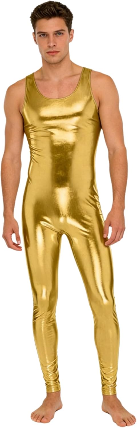 Jugaoge Mens Metallic Unitard Full Bodysuit Disco Dance Leotard Outfits Shiny Jumpsuit Clubwear