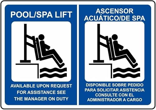 Pool Spa Lift Available Rust Free Aluminum Tin Sign - Notice Decor with Pre-Drilled Holes for Indoor-Outdoor Community Pool, Resort Spa, Public Aquatic Facility - 8x12 Inch​
