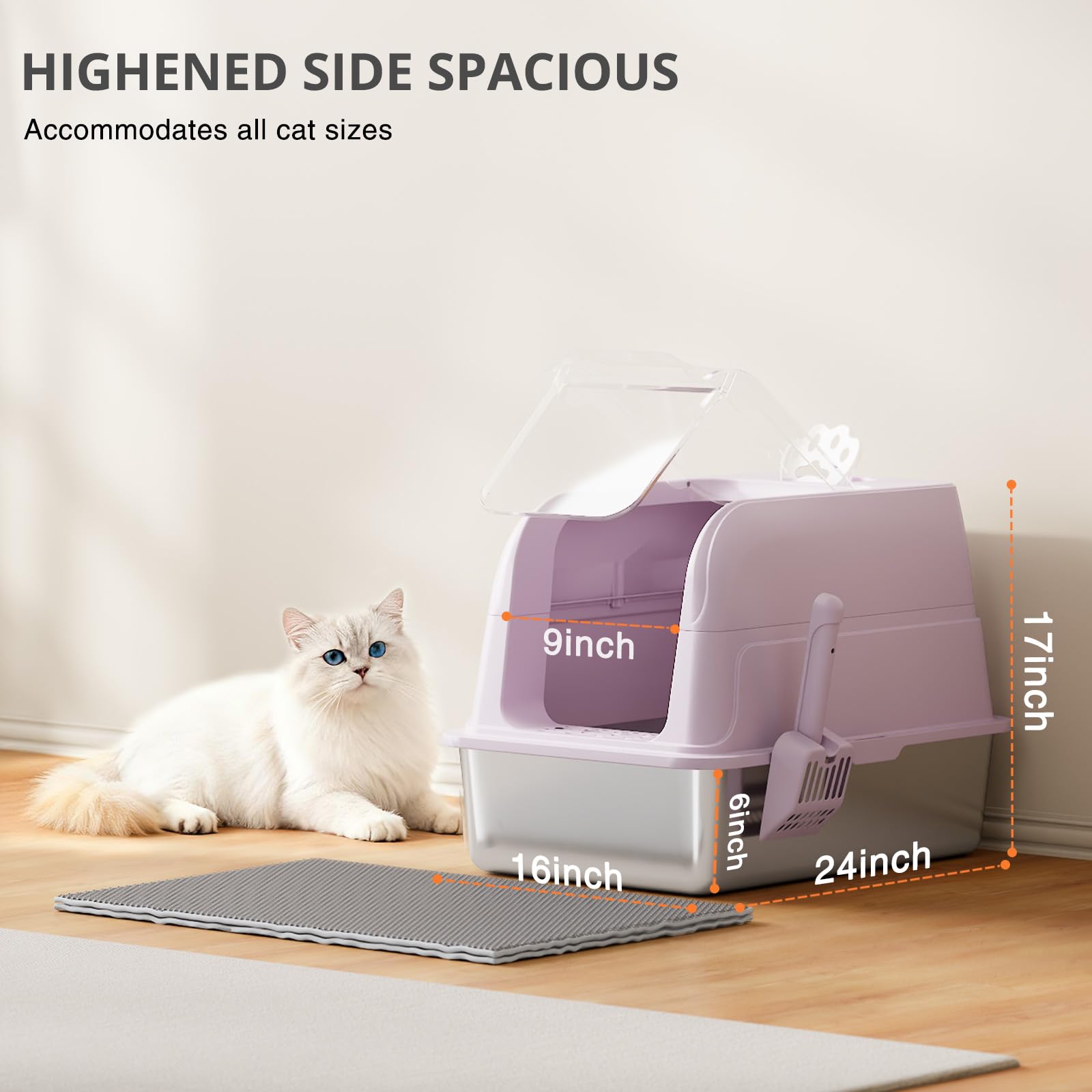 Lettiera per gatti in acciaio inox, completamente chiusa, extra large, in metallo, con lati alti e coperchio trasparente a 120°, paletta e tappetino, viola, XL