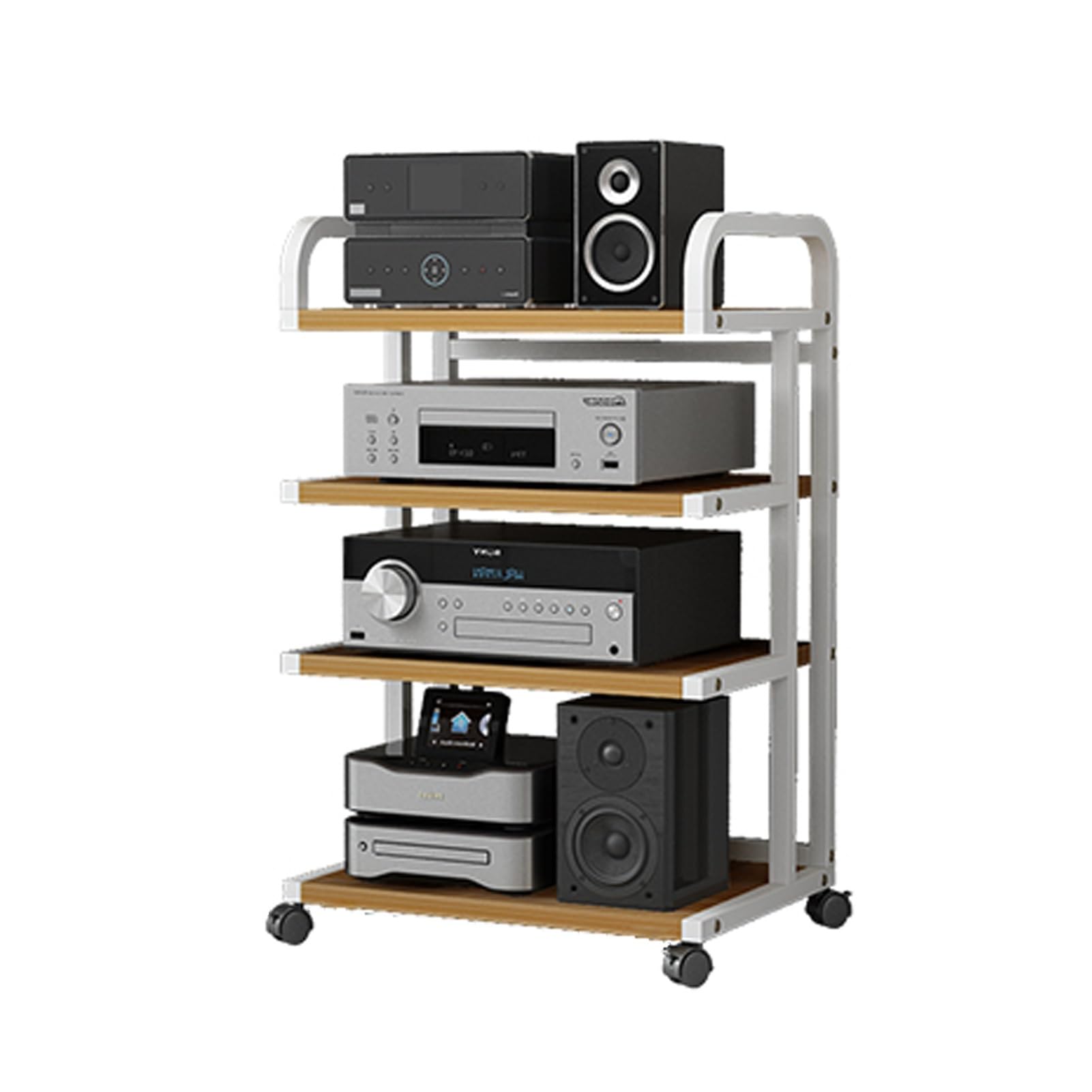 Meuble rack audio à 4 niveaux blanc et noyer pour tourne-disque et hi-fi