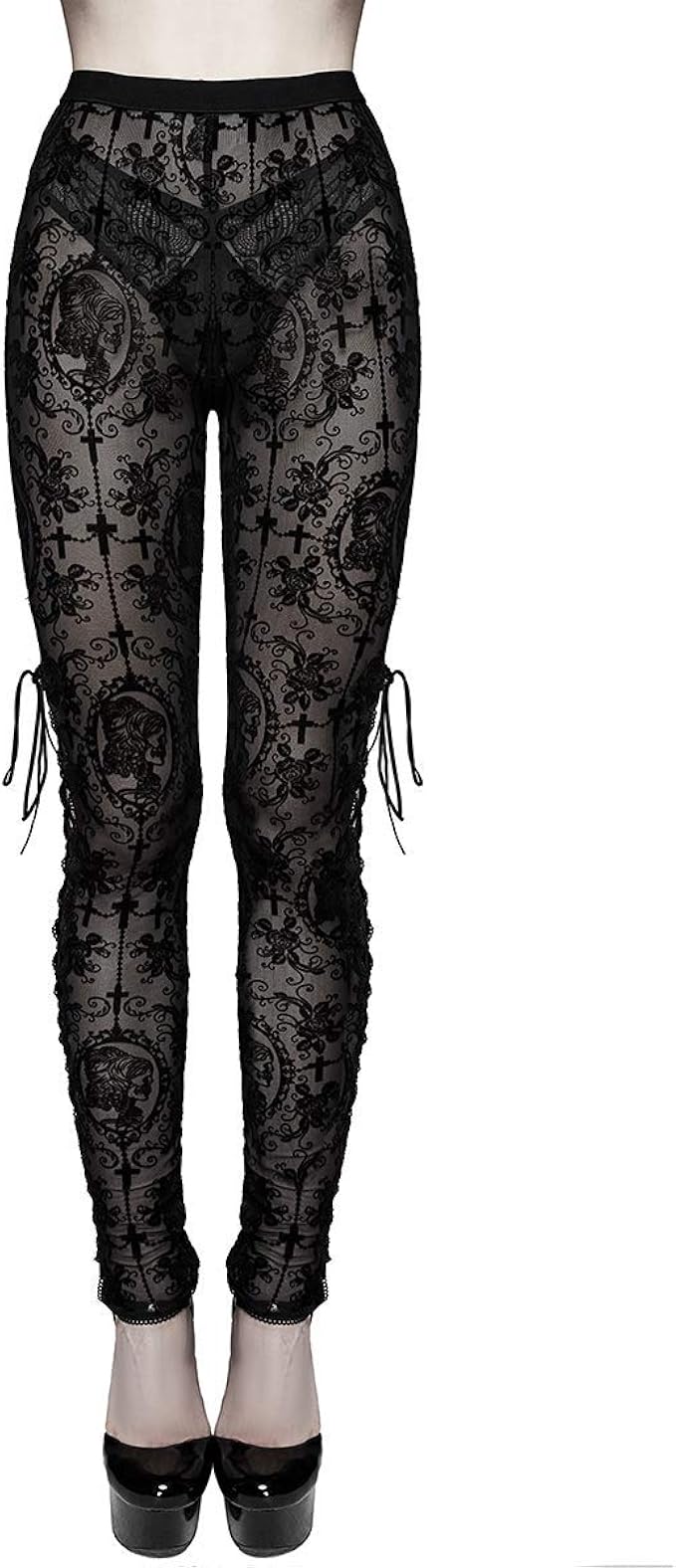 Devil Fashion Womens Gothic Leggings Black Flocked Velvet Sheer Mesh