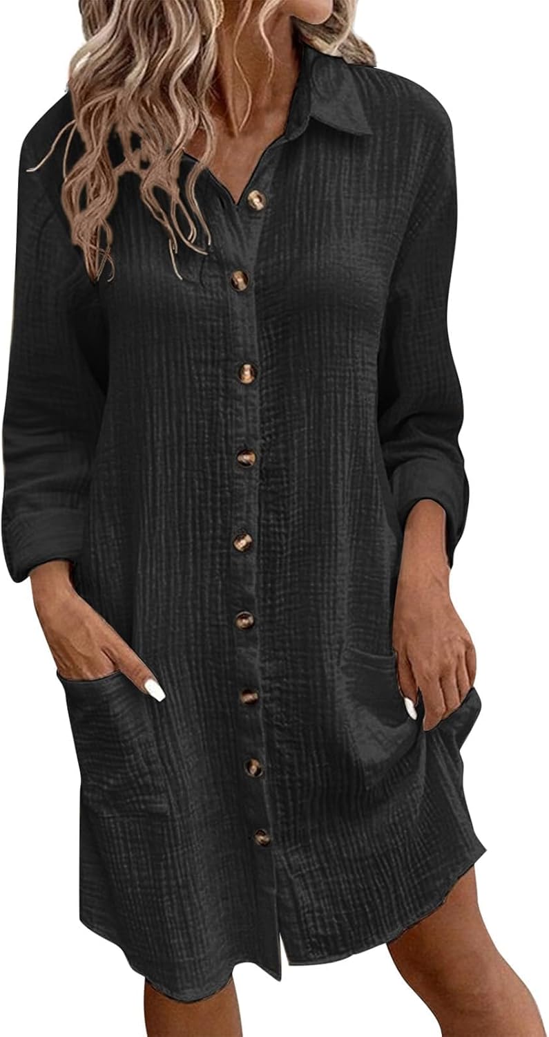 Geleglaer Women's Cotton Button Down Shirt Dress Long Sleeve Midi Dress Summer Casual Dresses with Pockets