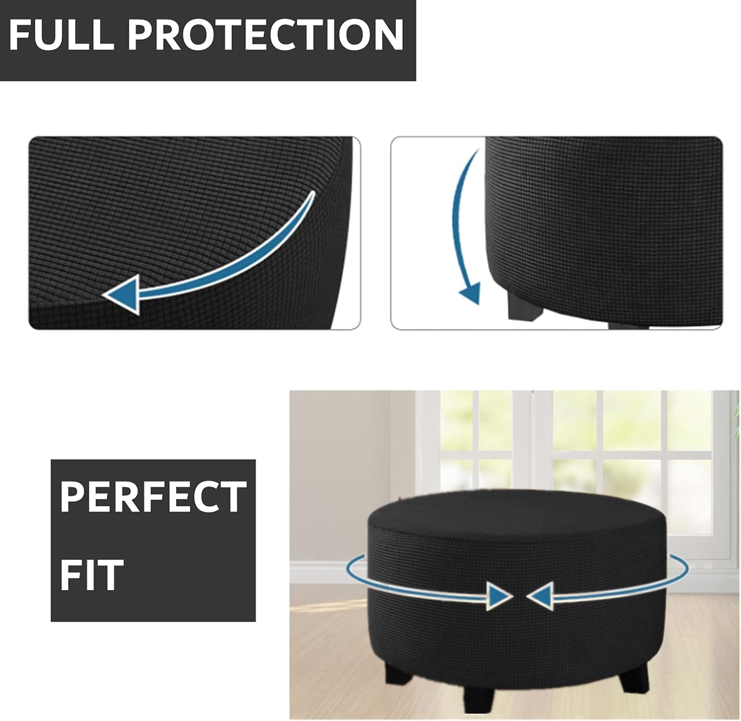 Stretch Ottoman Slipcover – Round Furniture Protector Fits 30"-41" Dia, for Footrests, Storage Ottomans & Folding Stools – Elastic Fabric Cover (Black, X-Large)