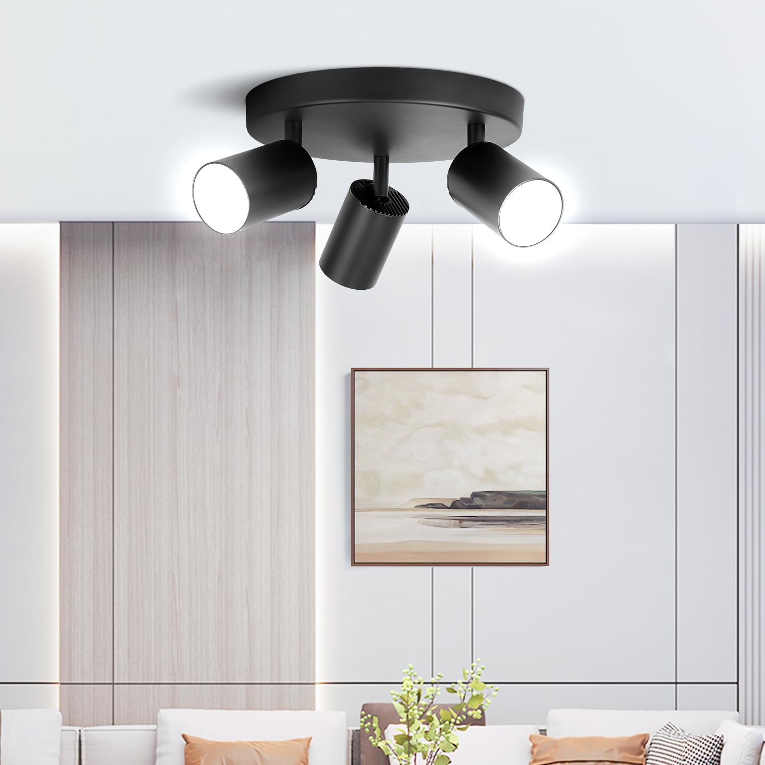 SILAMPDI 3 Way Ceiling Spotlight Round Kitchen Lights Ceiling GU10 Rotatable Modern Metal Black Spot Lights Ceiling for Living Room, Bedroom,Hallway