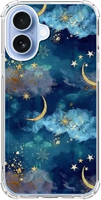 Indigo Blue Moon and Stars Phone Case Compatible with iPhone 17, Aesthetic Cloud Art Phone Cover for iPhone 17