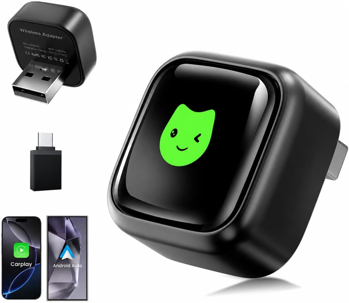 Mini Wireless Adapter Compatible with CarPlay, USB-A/USB-C