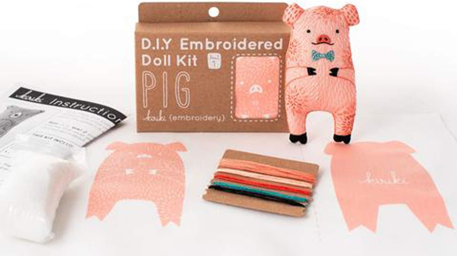 Kiriki Press DIY Embroidery Doll Kit - Skill Level 1 - Beginner to Advanced Embroidery Kits for Adults Teens (3 Skill Levels) Animal Embroidery Kit - Screen Printed Pattern (Pig - Level 1)