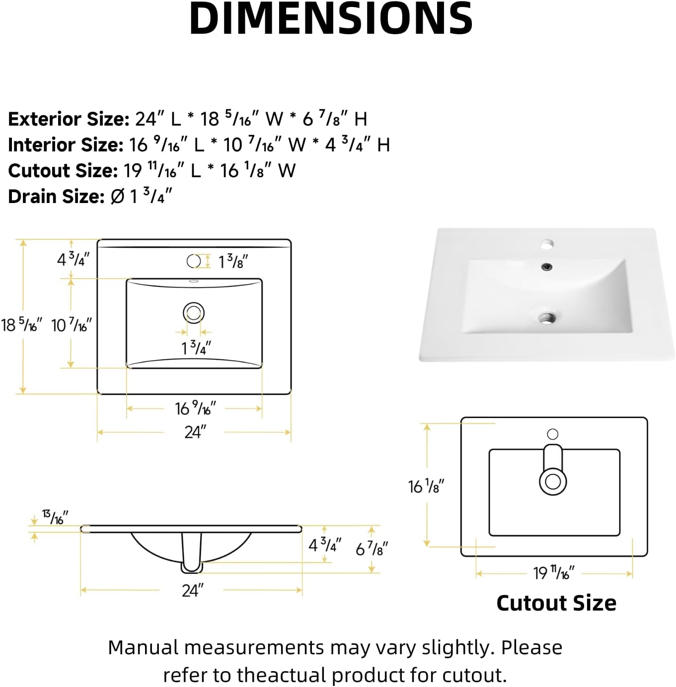24″W x 18″D Drop In Bathroom Sink with Single Faucet Hole, Los Flexi White 24 Inch Vanity Top with Overflow, Rectangle Vanity Tops for Bathrooms, Ceramic Top Mount Bathroom Vessel Sink