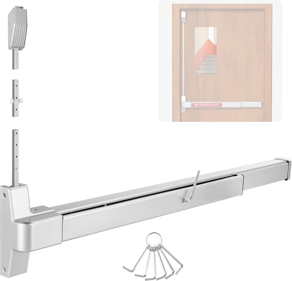 IRONWALLS Dispositivo de salida de varilla vertical de superficie de 32", barra de pánico de empuje comercial | Para puertas de salida de emergencia de 32-48" (ancho), 6.7-8 pies (alto), dispositivo de salida de pánico con barra de empuje de acero inoxidable, llave hexagonal, cierre superior