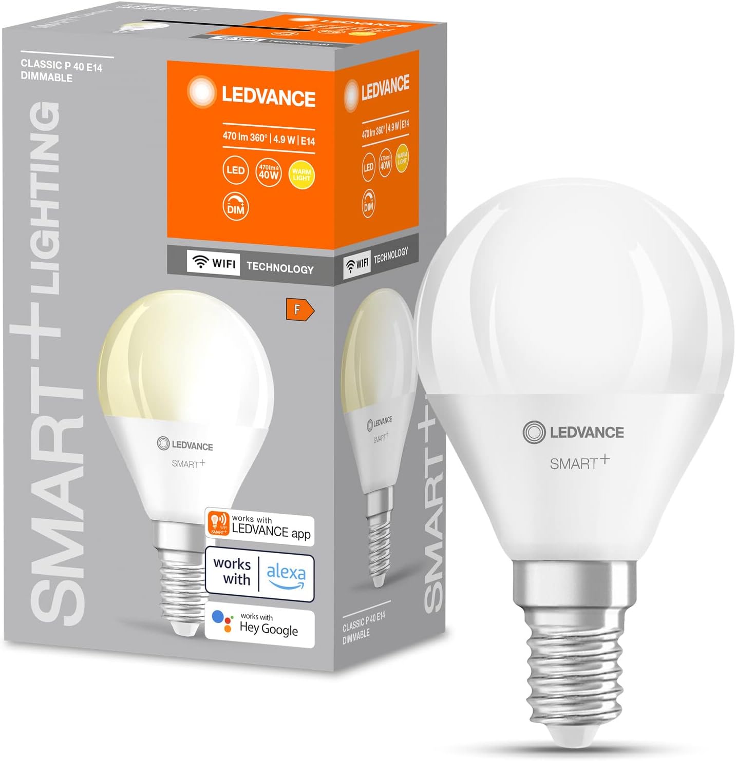 LEDVANCE WiFi E14 LED Light Bulb Mini Bulb Smart Home Bulb 4.9 W 470 lm Replaces 40 W Incandescent Bulb Dimmable Warm White Light Colour 2700 K Control via Alexa Google or App Lamp in Pack of 1