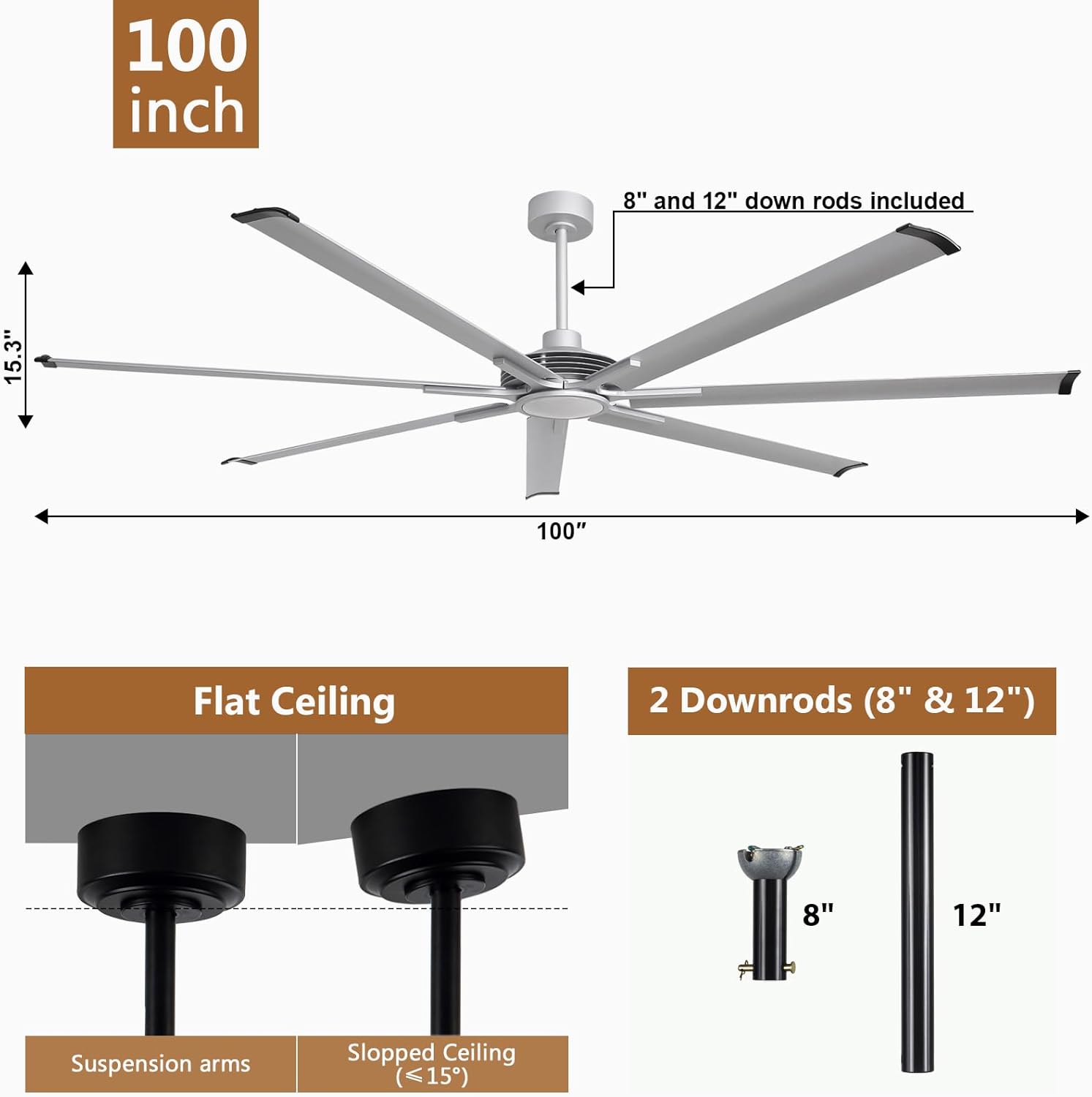 100" Large Commercial Ceiling Fan Lights & Remote - Damp-Rated Outdoor Ceiling Fans for Patios, Modern Industrial Design, 6-Speed, Dimmable LED, Use for House, Shop, Garage, Silver