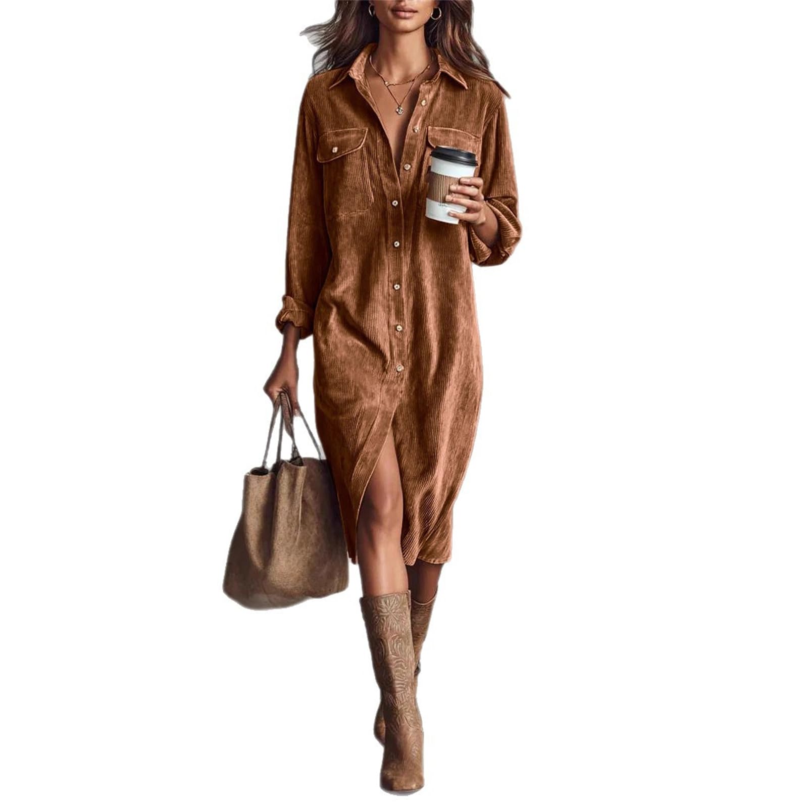 Vestido camisero de pana para mujer, estilo informal, con cuello de solapa, corte acampanado y plisado, marrón, XXL