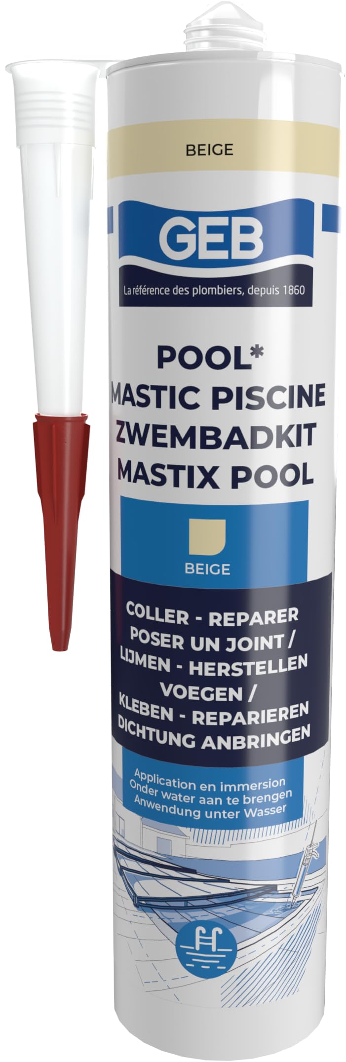GEB - Masilla impermeable especial para piscina (290 ml), color beige para pegar, rejuntar y reparar elementos de piscina, azulejos, mosaico, margelle, proyector, desagüe