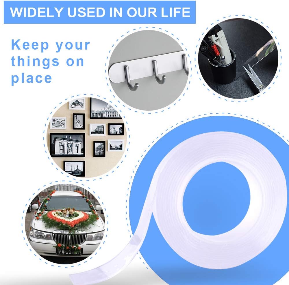 ZC GEL Double Sided Tape Heavy Duty (16.4FT), Multipurpose Removable Mounting Tape Adhesive Grip,Washable Strong Sticky Wall Tape Strips Transparent Tape Poster Carpet Tape for Paste Items,Household