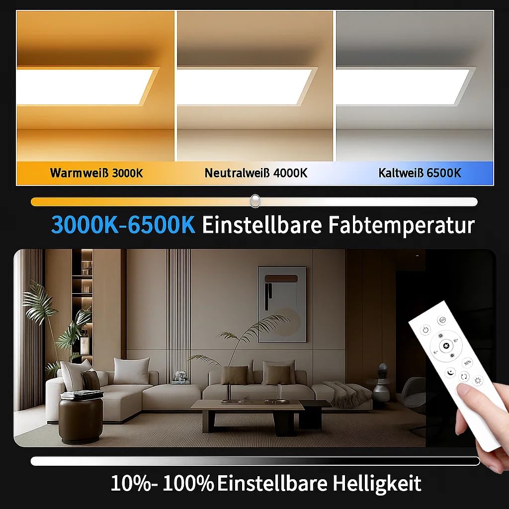 LED Panel Deckenleuchte 120x30cm - 40W 4400lm - Dimmbar, 3000K/4000K/6500K Einstellbar Farbtemperatur, Flimmerfrei - Deckenlampe mit Fernbedienung, Nachtlicht - Ideal für Büro, Wohnzimmer, Werkstatt