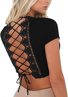 Women Sexy Deep V Neck Short Sleeve Back Cross Tied Up Tee Backless Lace Crop Top - coolthings.us