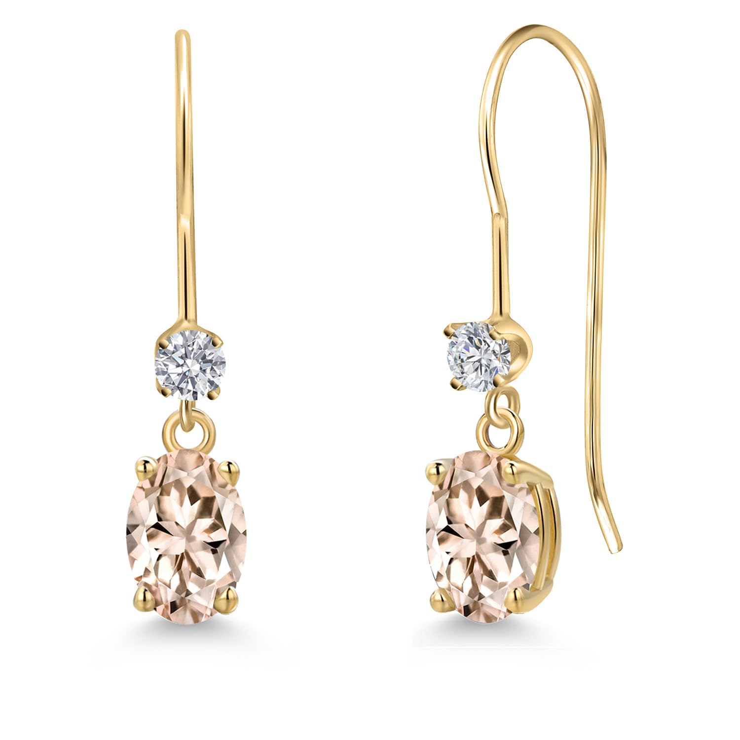 Gem Stone King 14K Yellow Gold Peach Morganite and Lab Grown Diamond Dandle Earrings for Women | 1.13 Cttw | Gemstone October Birthstone | Oval 6X4MM and Round 2.5MM