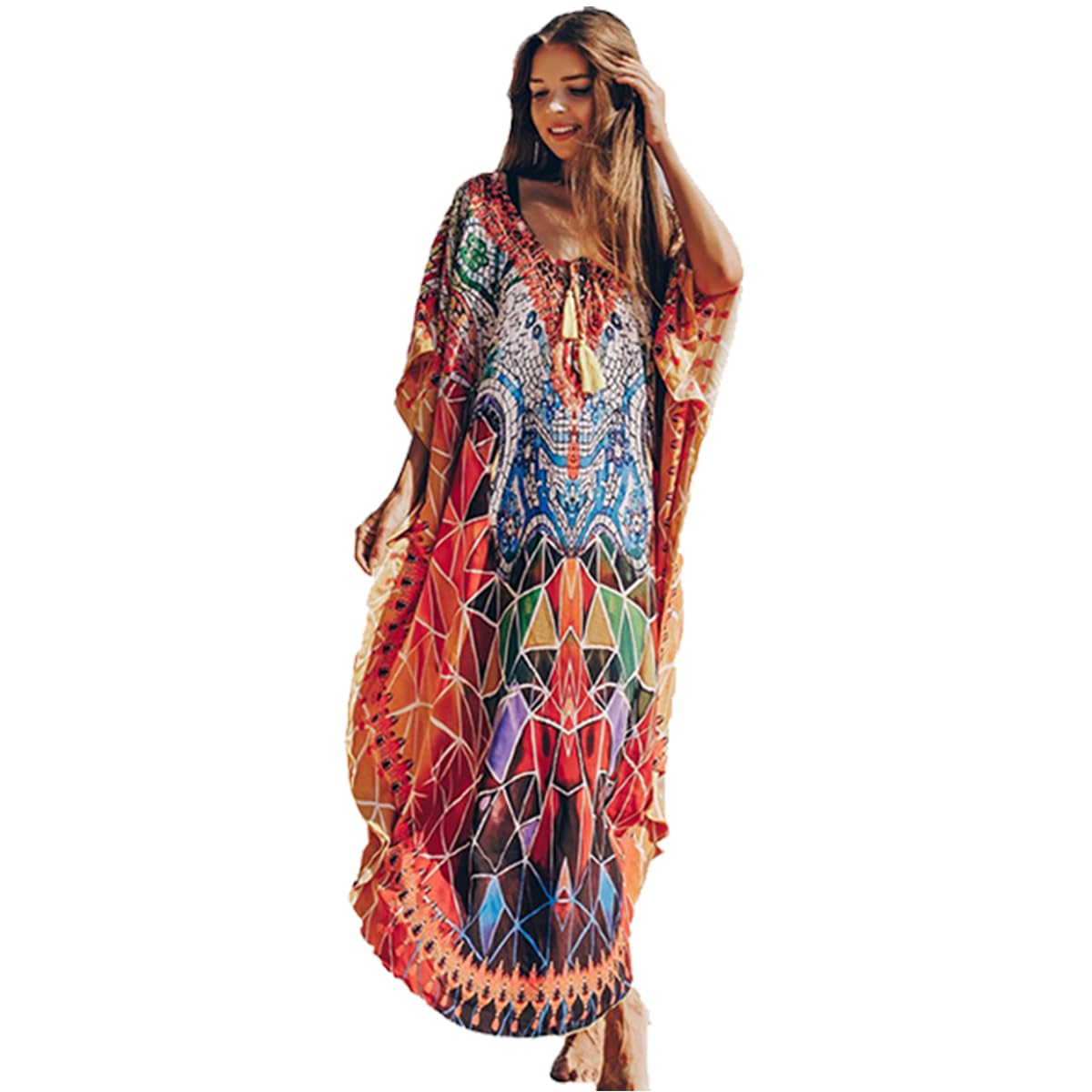Snyemio Kaftan Vestido Largo de Playa Mujer Maxi Pareo Floral Verano Túnica Boho Talla Grande Kimono