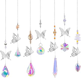 Grathia 7Pcs Butterfly Crystal Suncatcher Hanging Sun Catcher with Chain Pendants Colorful Crystal Glass Chandelier Pendants Sparkling Rainbow Maker Prism Ornament for Window Garden Car Wedding