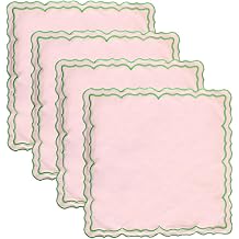 Scalloped Embroidery Cloth Napkins Set of 4 14"X14" Cotton Napkins for Potluck Party Wedding Table DecorSquare Pink with Green Trim
