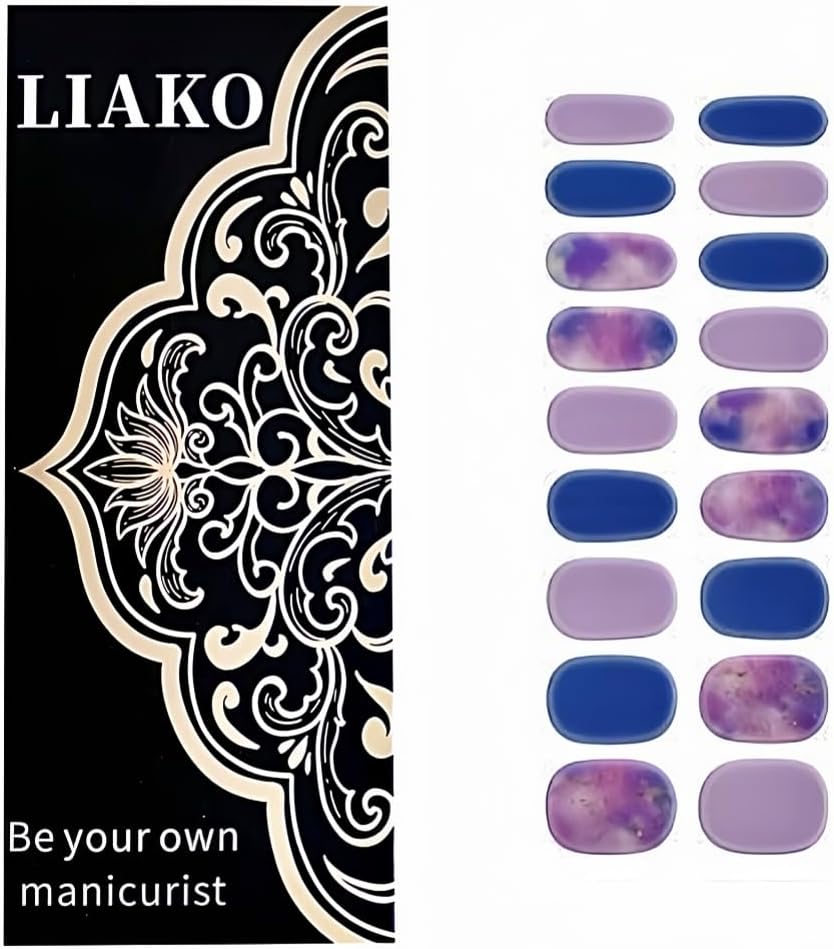 Liako Semi-Cured Gel Nail Stickers,24 Pieces, Full Coverage Self-Adhesive Waterproof Gel Art Stickers, Kit Includes 2 Prep Pads, Nail File, and Wooden Stick (UV/LED Lamp Required-Purple Nebula Galaxy