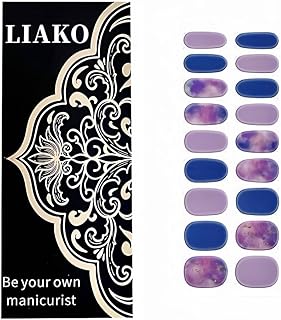 Liako Semi-Cured Gel Nail Stickers,24 Pieces, Full Coverage Self-Adhesive Waterproof Gel Art Stickers, Kit Includes 2 Prep Pads, Nail File, and Wooden Stick (UV/LED Lamp Required-Purple Nebula Galaxy