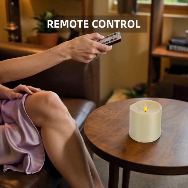 Image of Flameless LED Candle with Remote, 4x4 Inch Battery Operated Plastic Pillar Candle, Realistic Flickering Flame, Timer & Brightness Control, Ivory - Safe for Kids & Pets, Great for Home & Holiday Decor