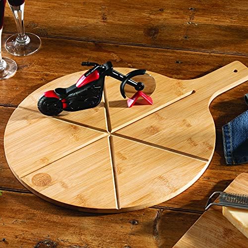 Hairy Bikers Bamboo Pizza Cutting Board KAS1827 with Motorbike Roller Cutter Round Wooden Serving Tray with 6 Slice Grooves Great Gift Set Idea 50 x 37.5 x 1.2CM