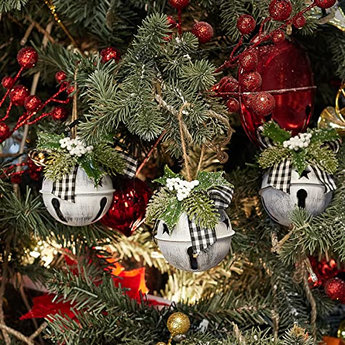 Emadgift 3 Pack Washed White Christmas Metal Jingle Bells,Star Bells,Round Bells With Plaid Bow,Holly,Pine Needle,Berries For Home Décor,Holiday Tree,Wreath,Wall,Door Hanging Ornament For Diy #TOP3