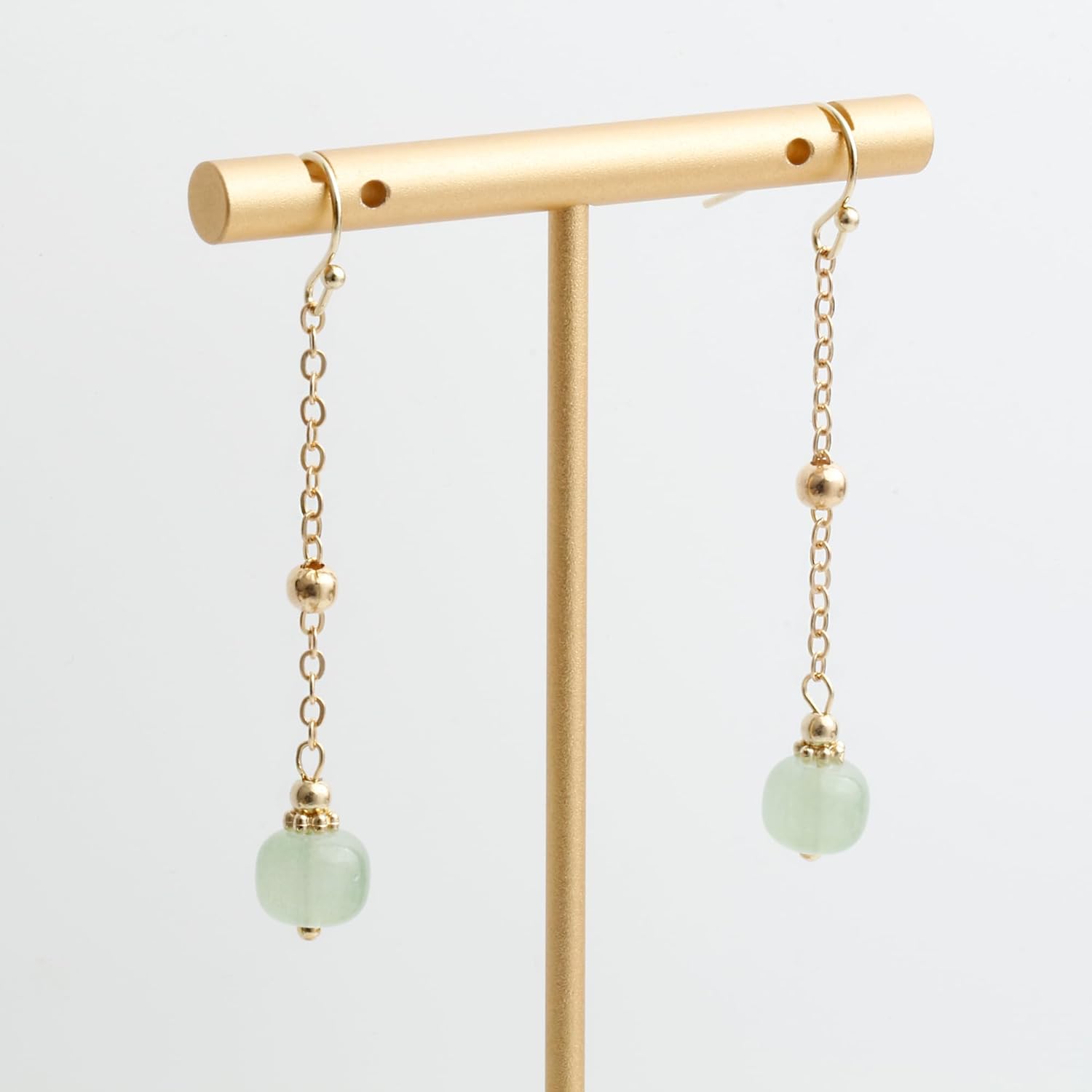 14K Gold Plated Handmade Green Crystal Jade Bead Dangling Drop Earrings for Women - Image 3