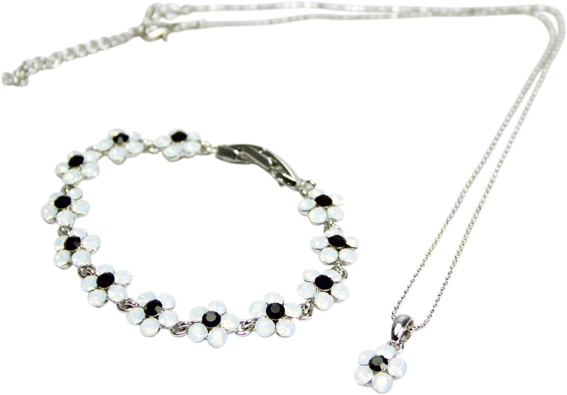 White and Jet Opal Swarovski Crystal Flower Necklace and Bracelet, Rhodium Plated Silver Finish and Nickel Free Metal by Dance Jewellery