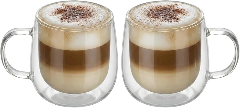 10oz Double Walled Glass Coffee Mugs Set of 2, Clear Insulated Mug for Cappuccino, Latte, Borosilicate Glass Cup, Heat & Cold Resistant Glasses