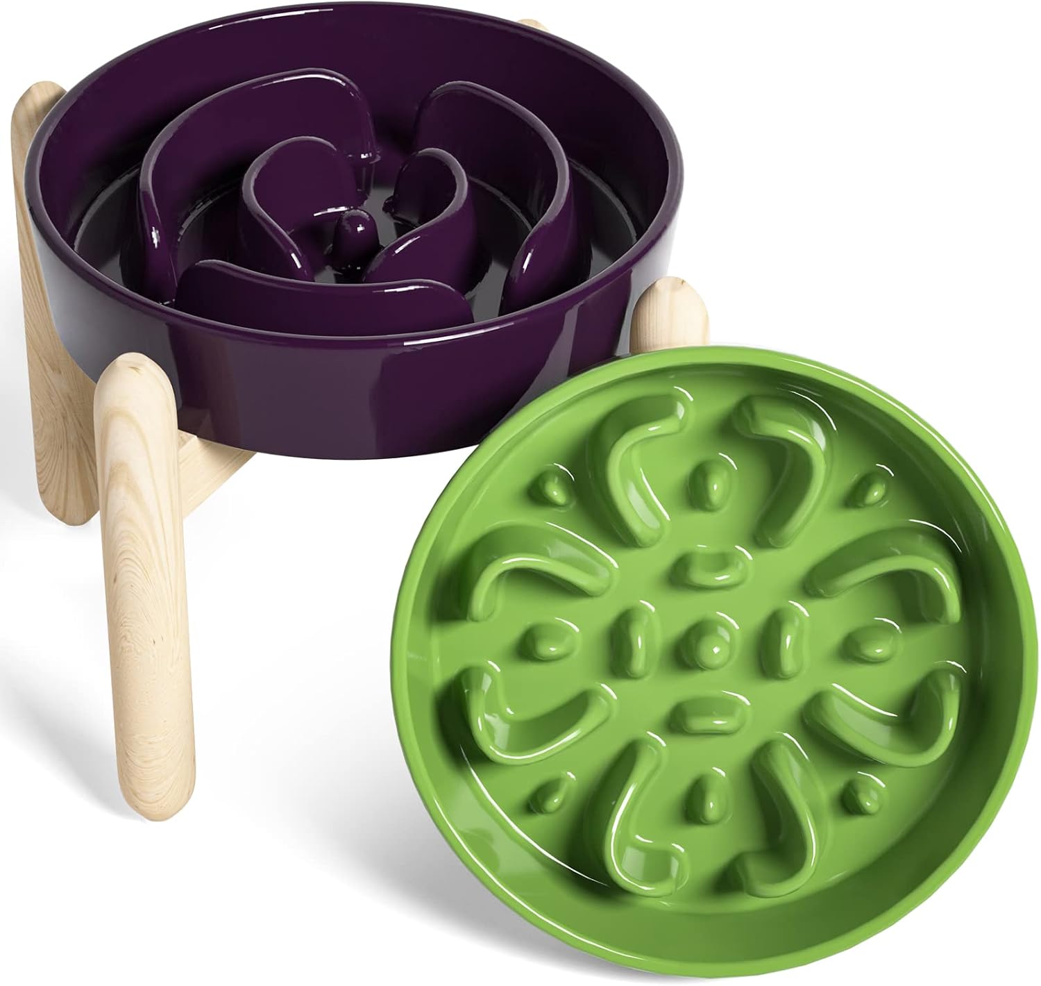 LE TAUCI Ceramic Slow Feeder Raised Dog Bowls with Wooden Stand, Puzzle Feeder, Elevated Dog Dishes to Slow Down Eating, 8 Inch…